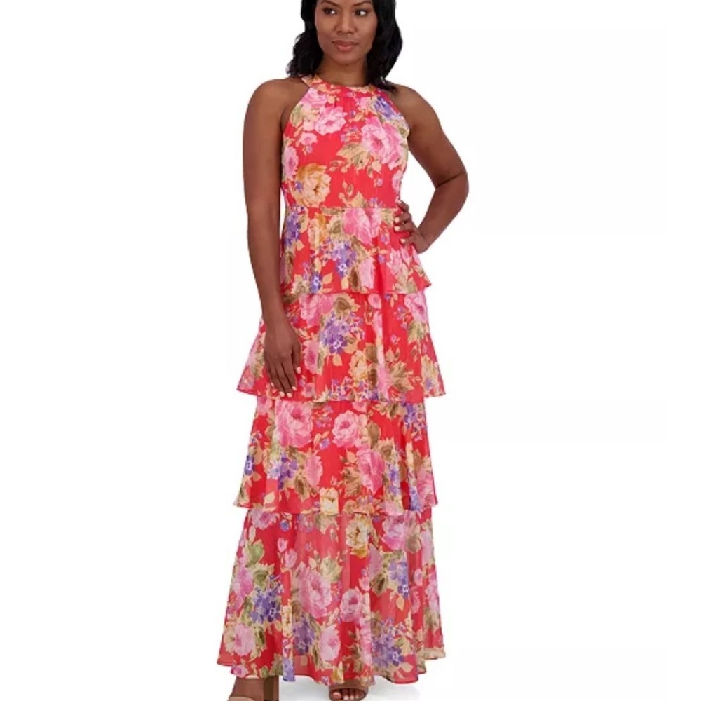 Jessica Howard Floral Maxi Dress Women 14 NWT Tiered Halter Red Pink MSRP $149